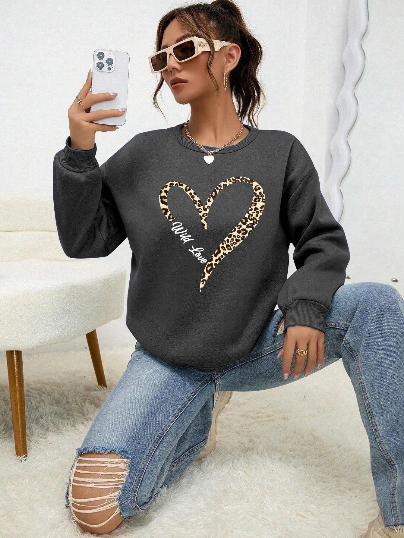 Leopard Heart Crewneck — Fur-Lined Sweatshirt, Urban Wild Print