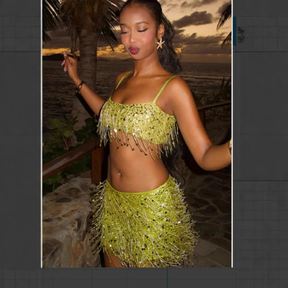 Tassel Sequin Halter Top & Mini Skirt
