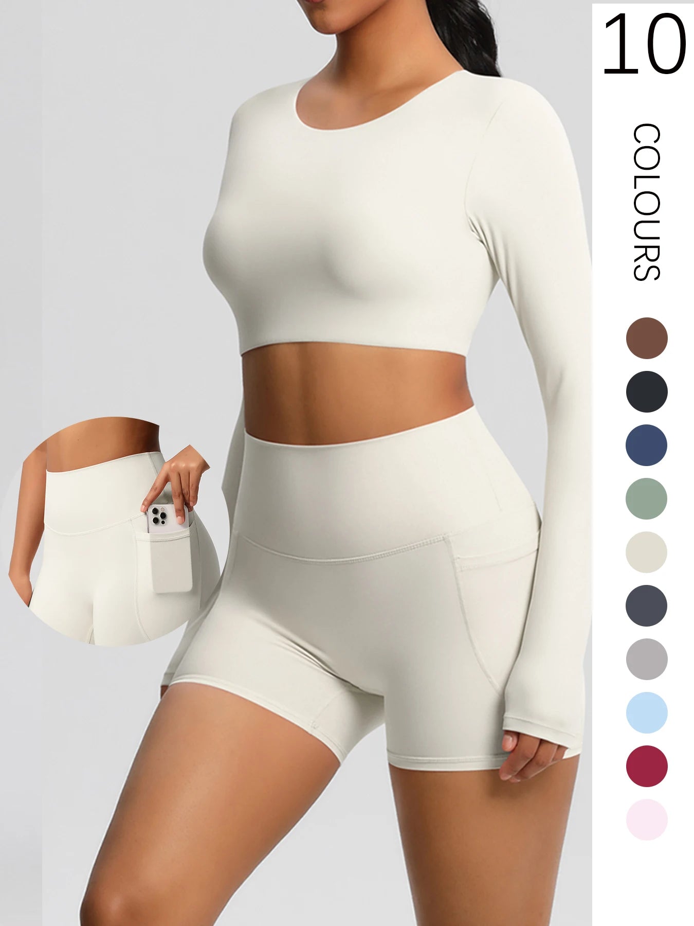 2-Piece Activewear Set — Long Sleeve Crop Top & High-Waist Yoga Shorts
