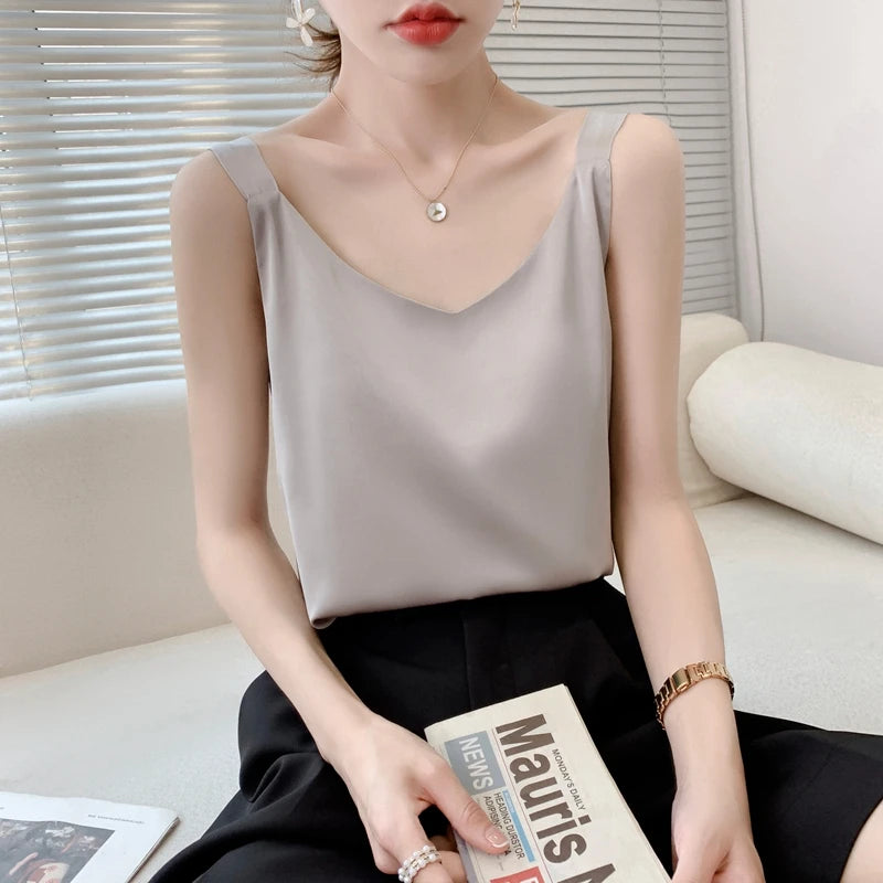 Silk Satin V-Neck Camisole — Loose Thin Vest