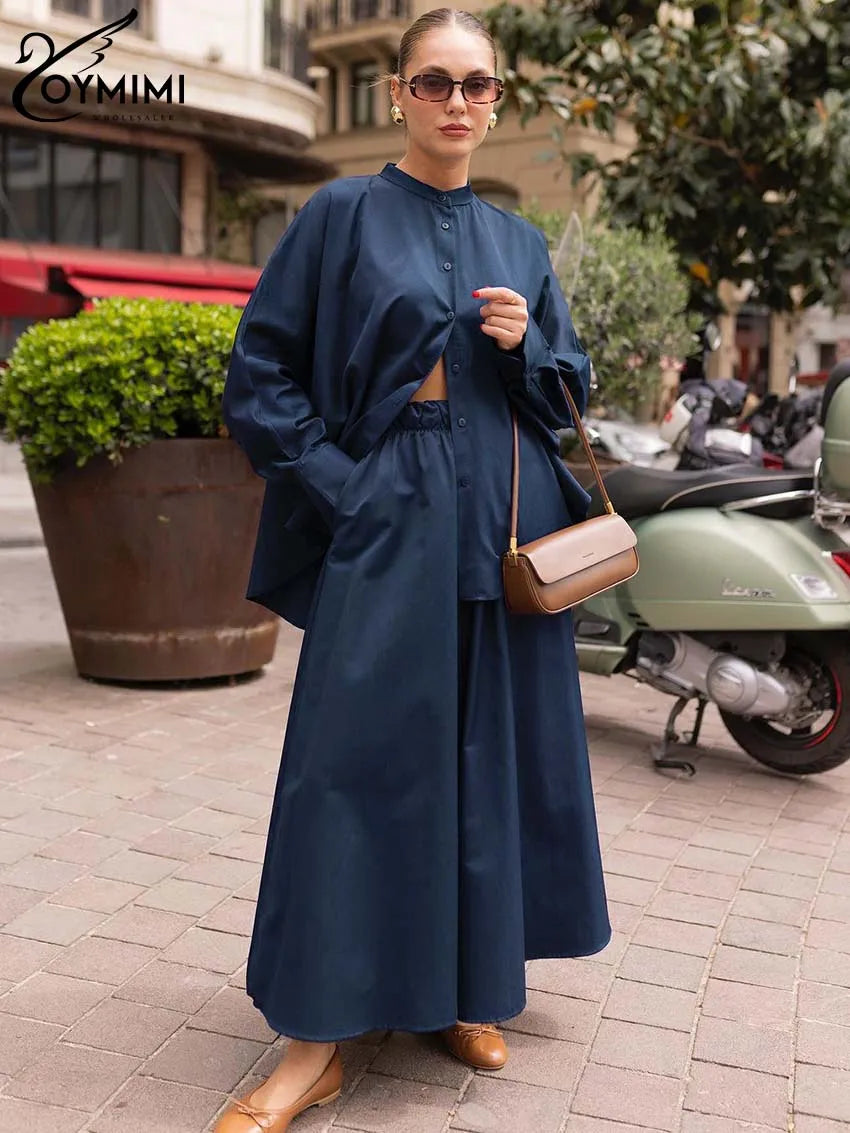 Black Two Piece Set – O-Neck Button Shirt & Loose Trousers
