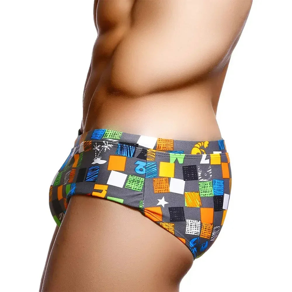Square Graffiti Print Swim Boxer Briefs — Brazilian Cut