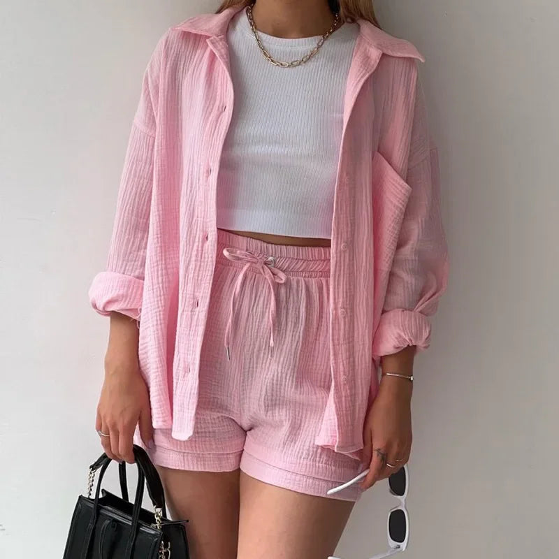 Long Sleeve Button Casual Pleated Two Piece Set – Fashion Solid Color