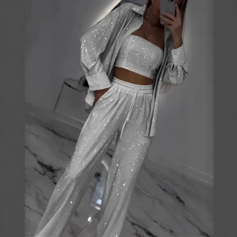 Sequin Shirt & Wide-Leg Trousers Set