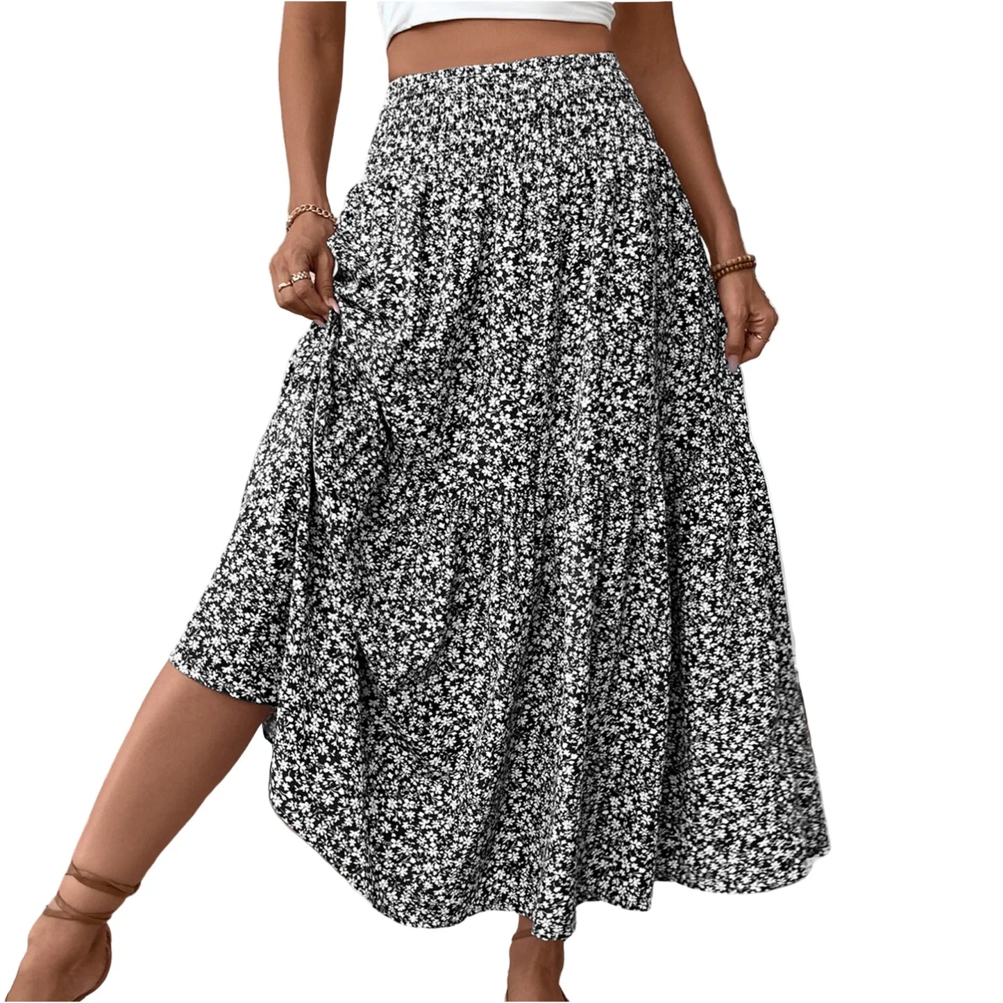 Pleated Floral Print A-Line Skirt — Elastic Waist Casual