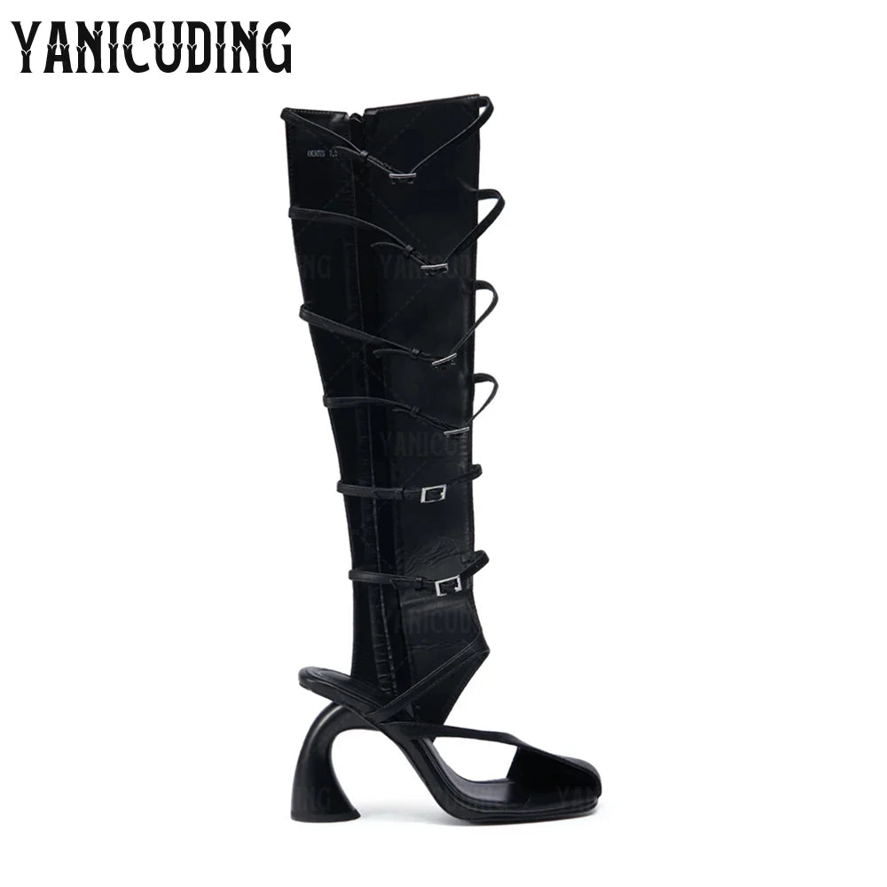 CurveStep | Asymmetrical Gladiator Sandal Boots – Glossy Snakeskin
