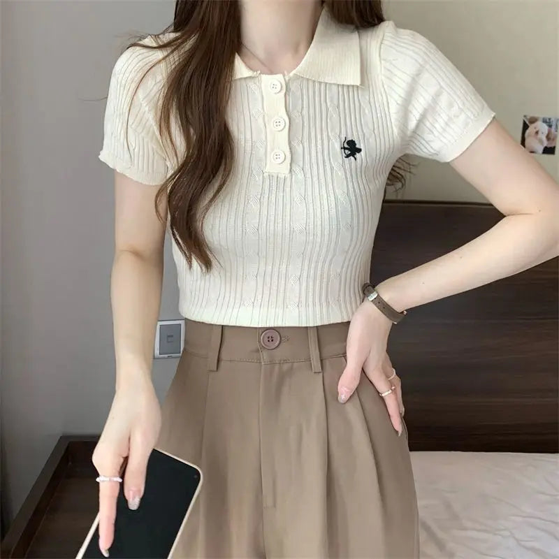 Embroidered Polo T-shirt — Retro Slim Fit Knit Top