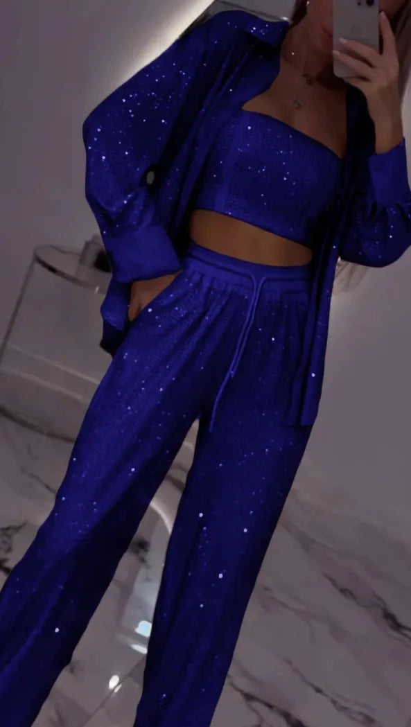 Sequin Shirt & Wide-Leg Trousers Set