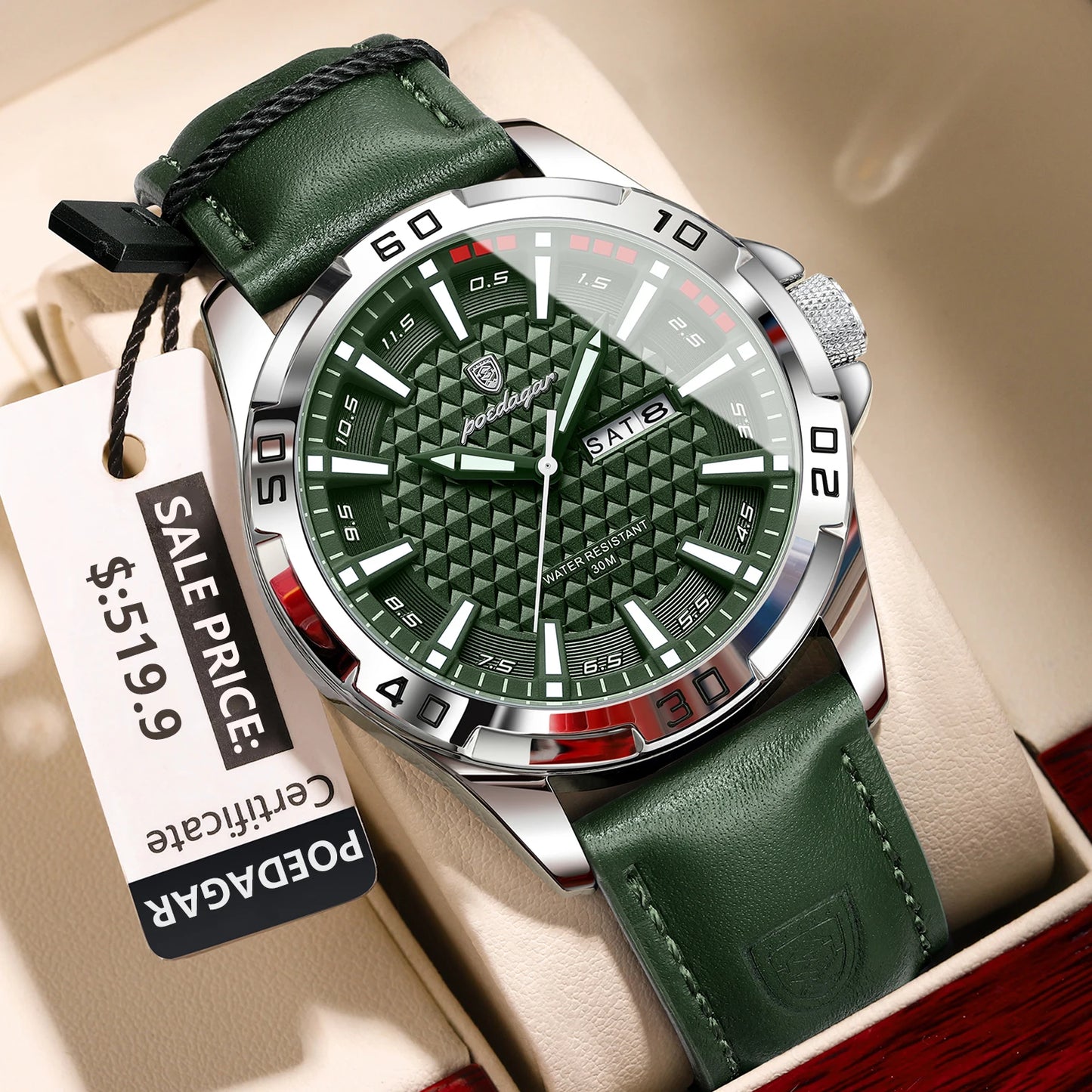 Luxury Quartz Watch – Waterproof, Luminous Dial, Date Display, Leather Strap