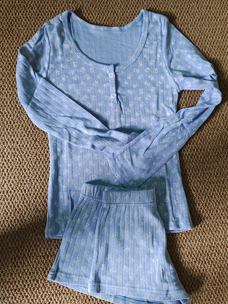 Eyelet Button Long Sleeve T-shirt & Shorts Set – Cotton Pajama