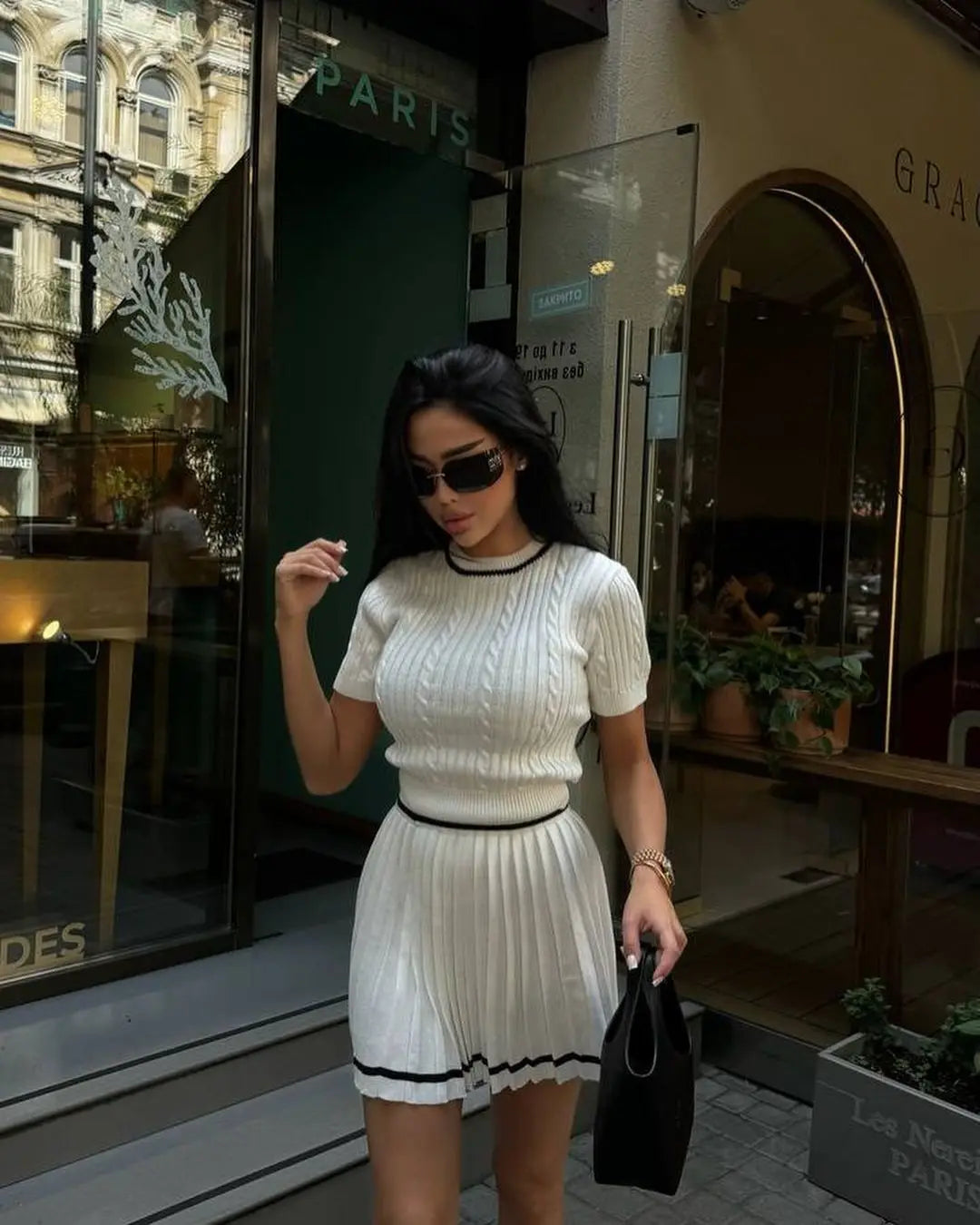 O-neck Short Sleeve Top & Pleated Mini Skirt Set – Y2K Style Two Piece