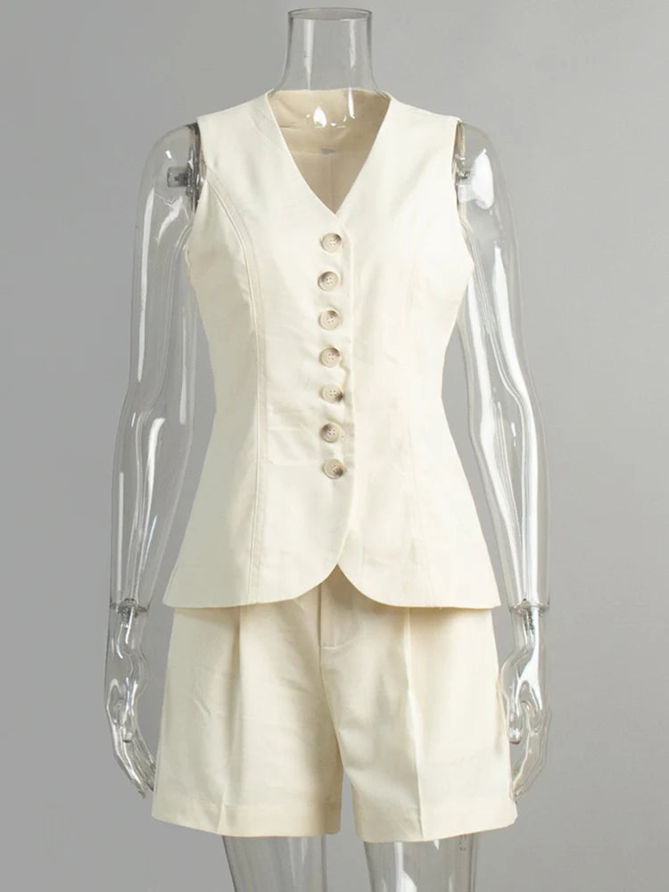 Linen Vest & Shorts Set – Elegant Office Two Piece Outfit