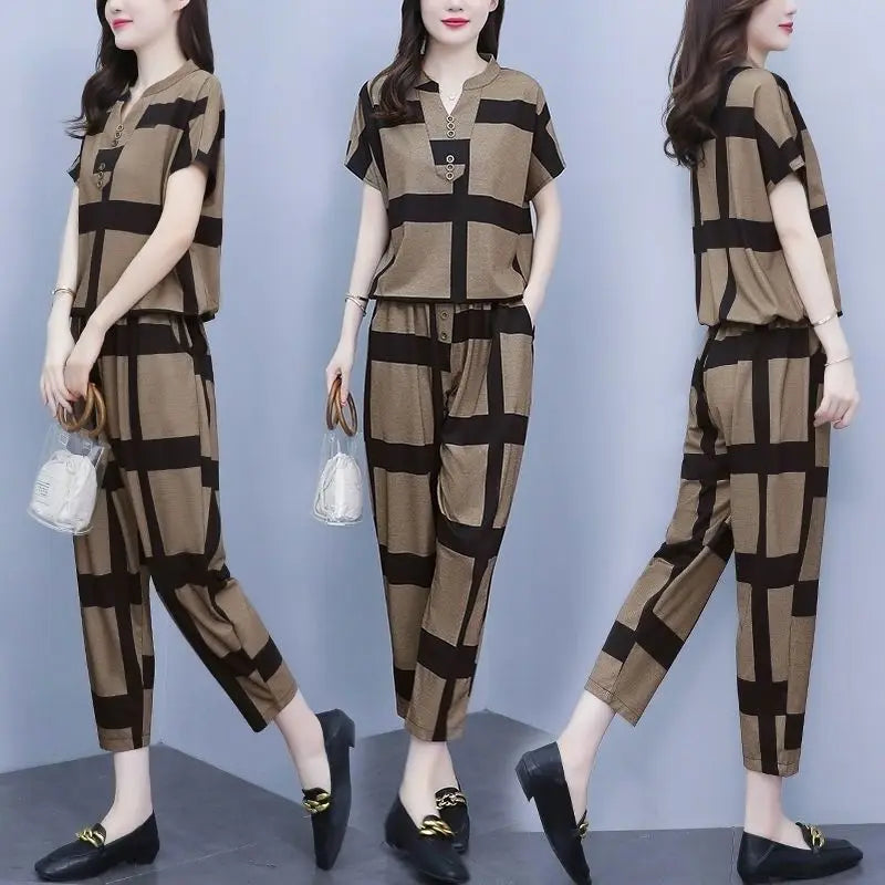 Casual Plus Size Short Sleeve Top & Harun Pants Set – Two Piece