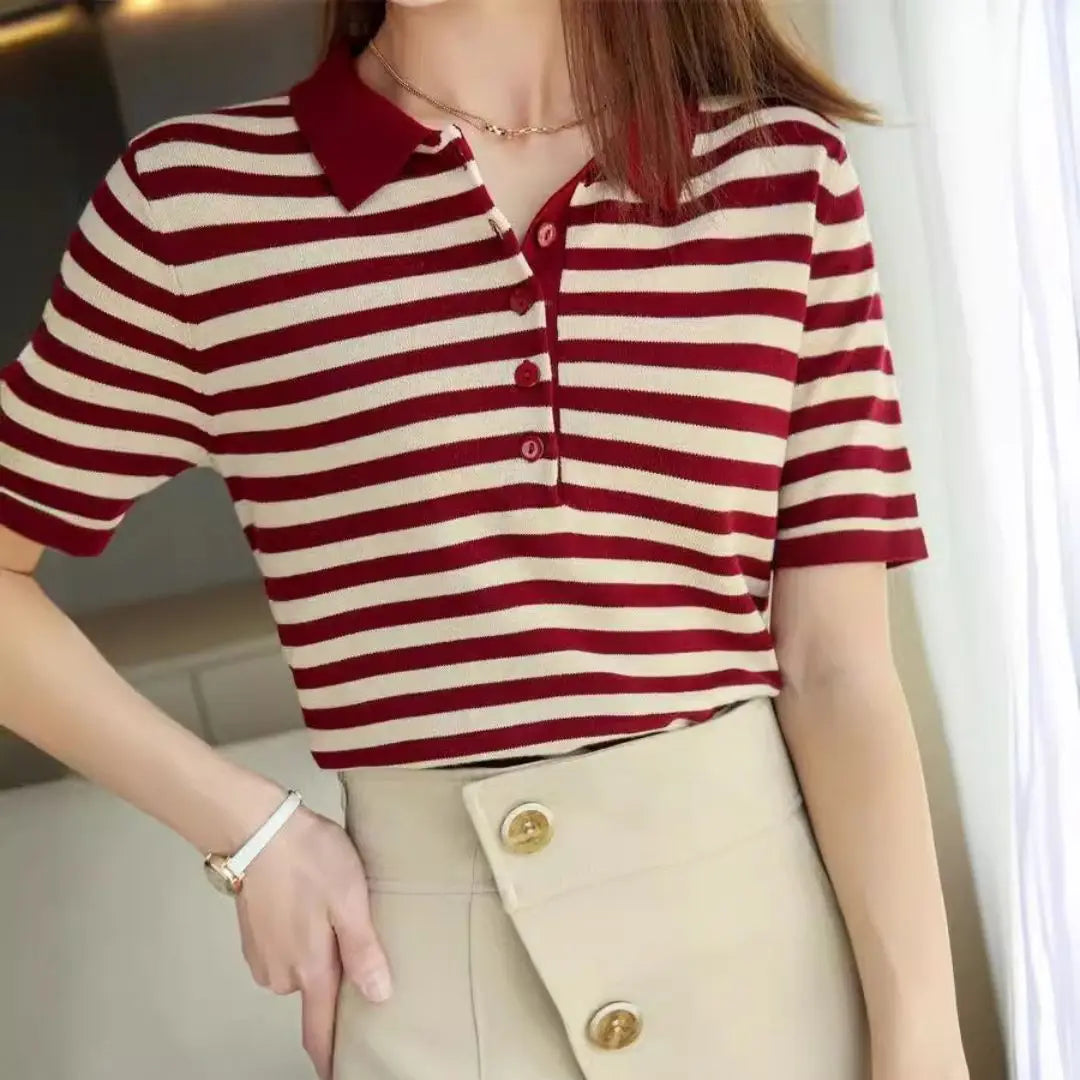 Striped Polo T-shirt — 100% Cotton Casual Top