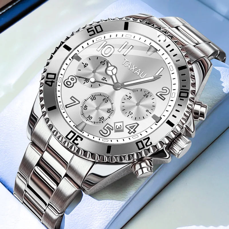 Golden Moon Phase Watch – Luxury Quartz, Waterproof, Elegant Chronograph