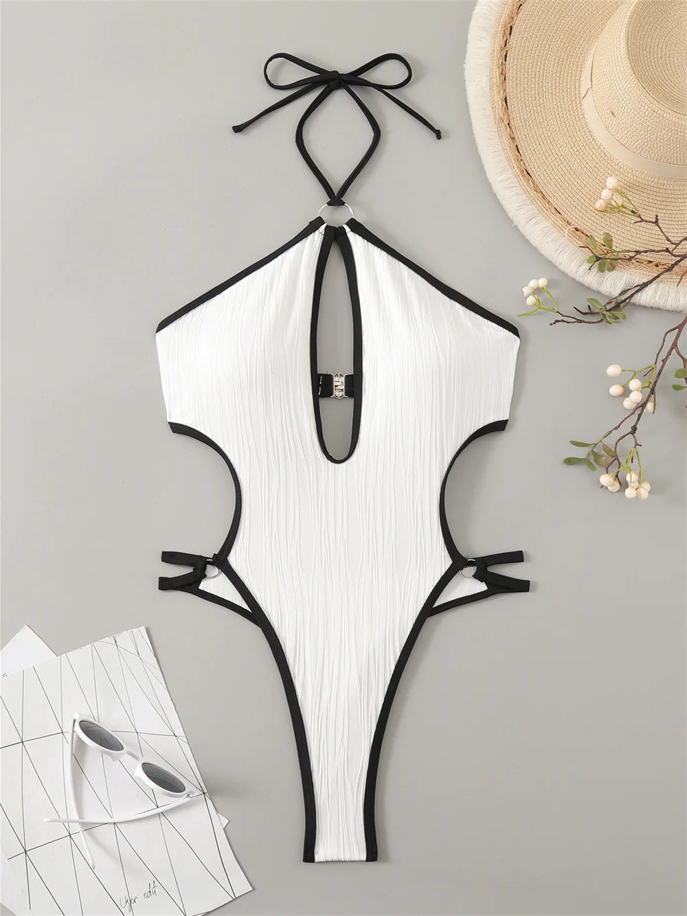 Ribbed Micro Monokini with Hollow Back & Contrast Trim