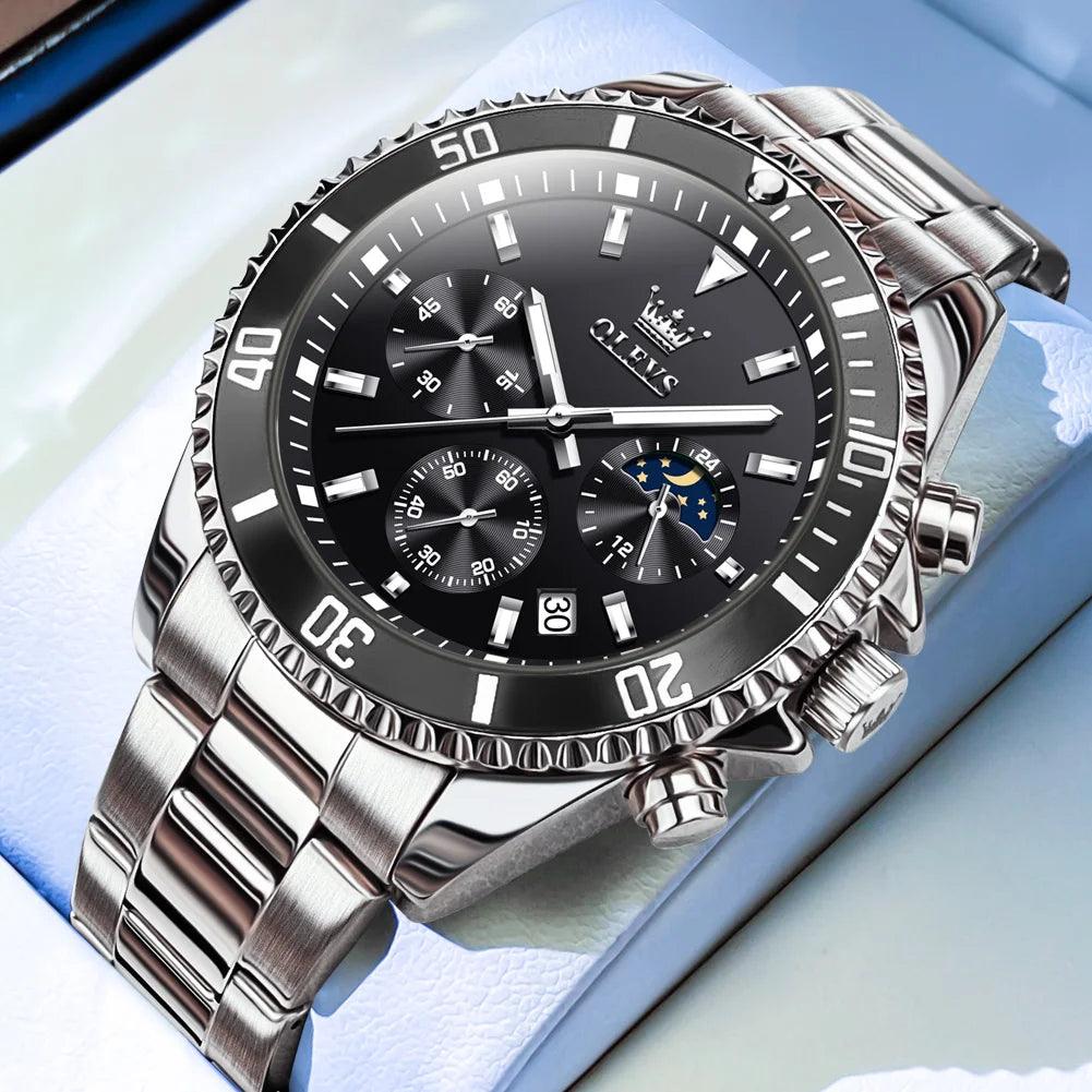 Golden Moon Phase Watch – Luxury Quartz, Waterproof, Elegant Chronograph