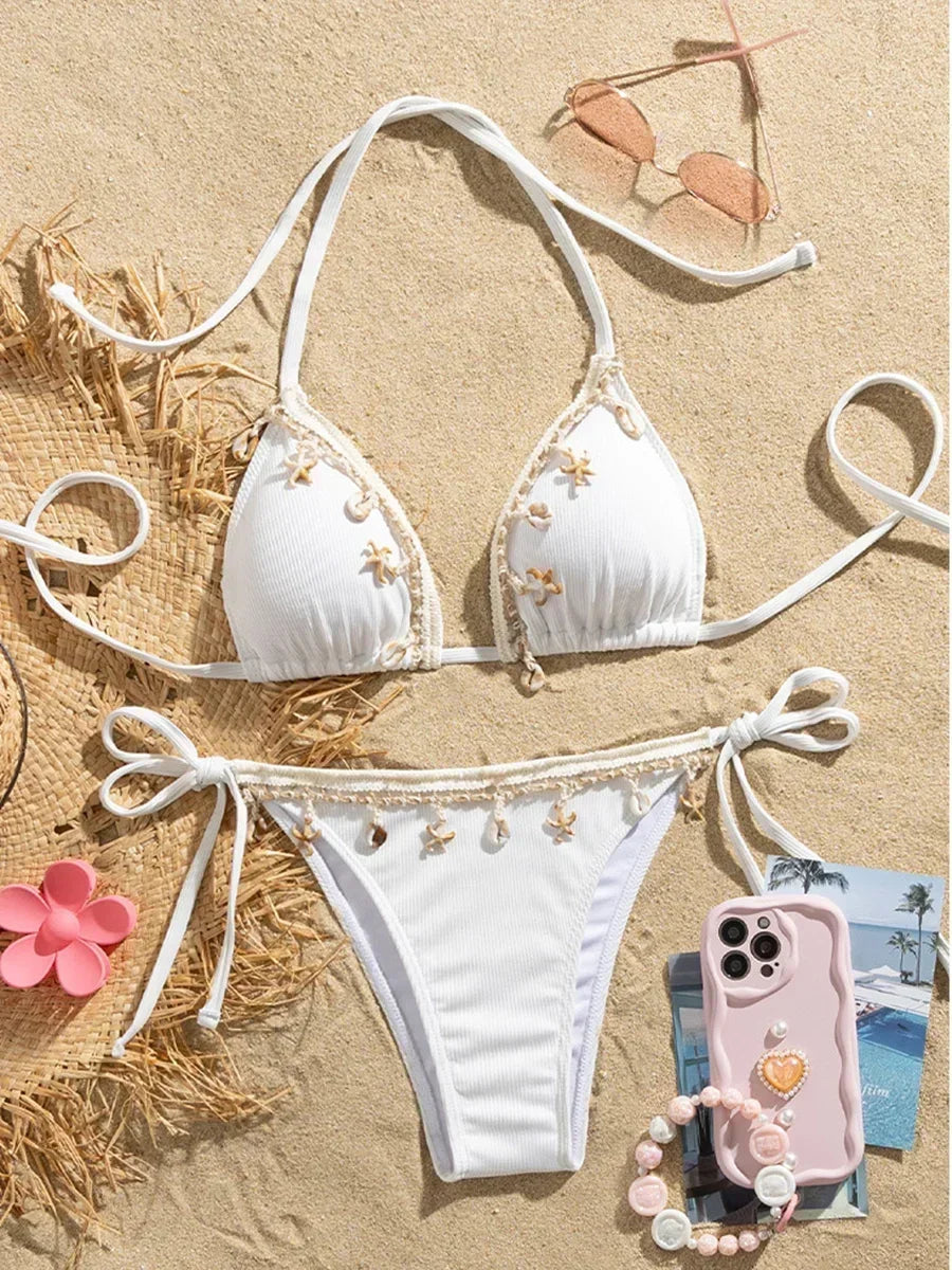 Halter Bikini with Shell Detail – Ribbed Texture