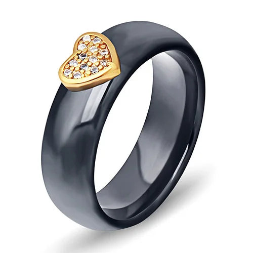 6mm Black & White Ceramic Ring – Crystal Inlay Wedding Band