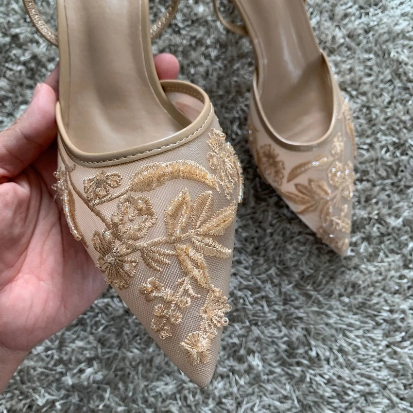 LaceGlow | Mesh Embroidered Heeled Mules – Beaded Pointed Toe Slingbacks