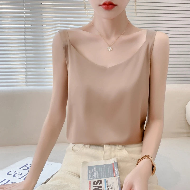 Silk Satin V-Neck Camisole — Loose Thin Vest