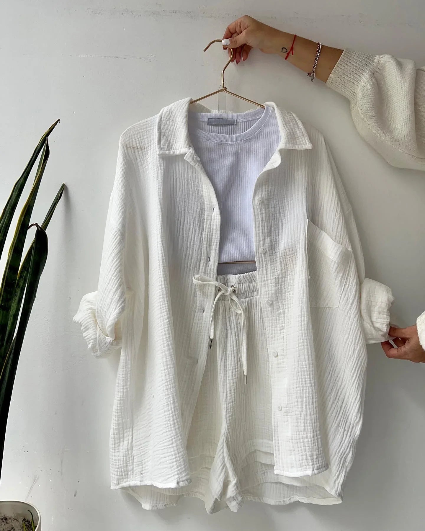 Long Sleeve Button Casual Pleated Two Piece Set – Fashion Solid Color