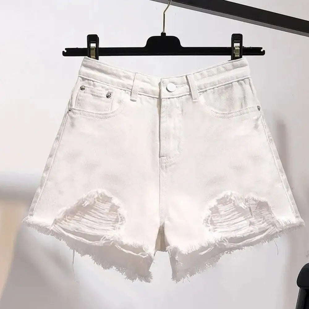 Cowboy Denim Shorts — Korean High Waist Tassel & Ripped Y2K