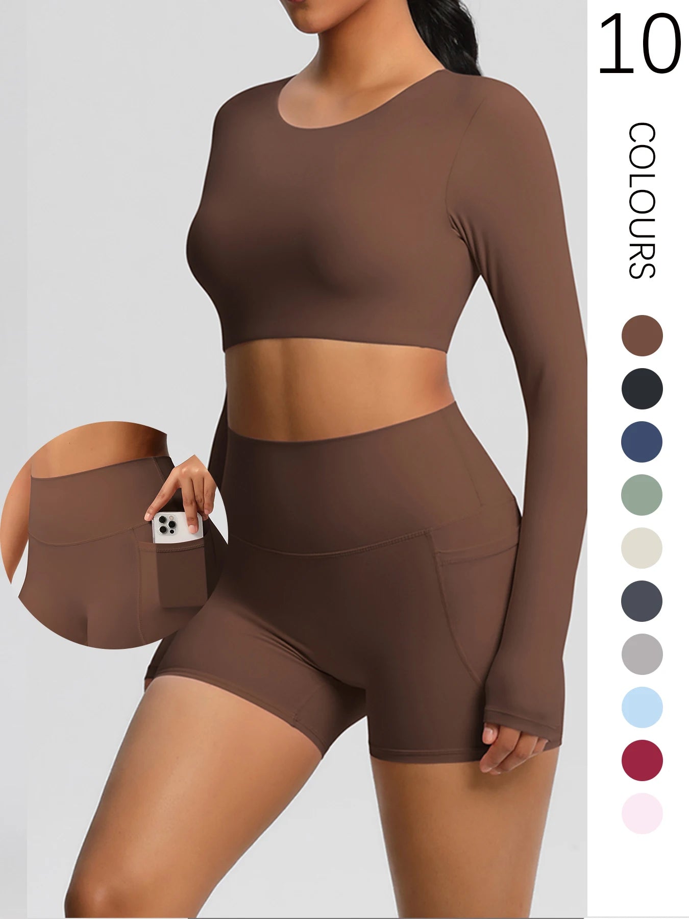 2-Piece Activewear Set — Long Sleeve Crop Top & High-Waist Yoga Shorts
