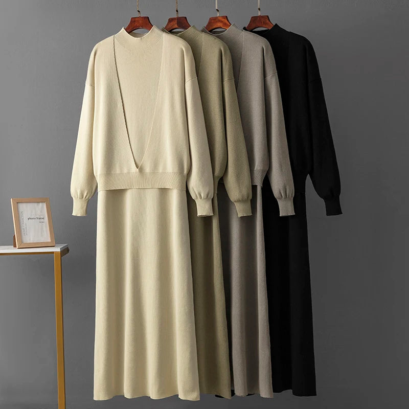 Knitted Dress Two Piece Set – Long Sleeve Sweater & Skirt