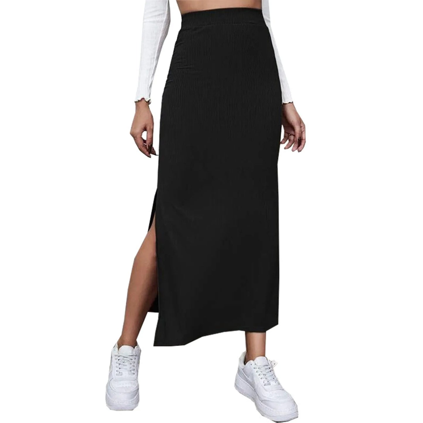 Satin Midi Skirt with Slit — Slim Fit Office Wear