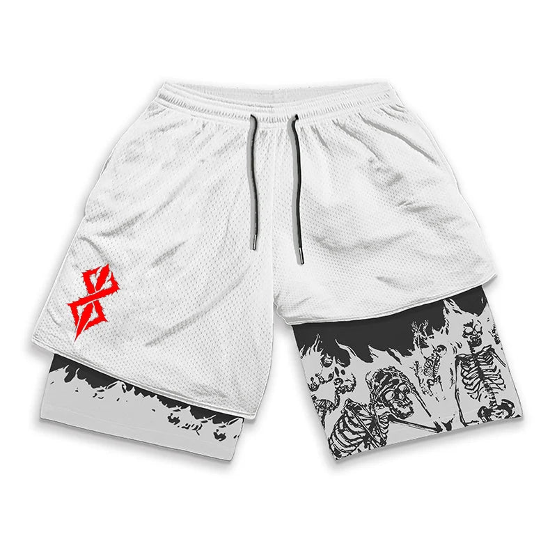 Berserk Skull Print 2-in-1 Running Shorts – Stretch, Quick Dry with Pockets
