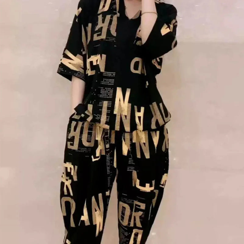 Loose Print Top & Harem Pants Set – Casual Two Piece Outfit