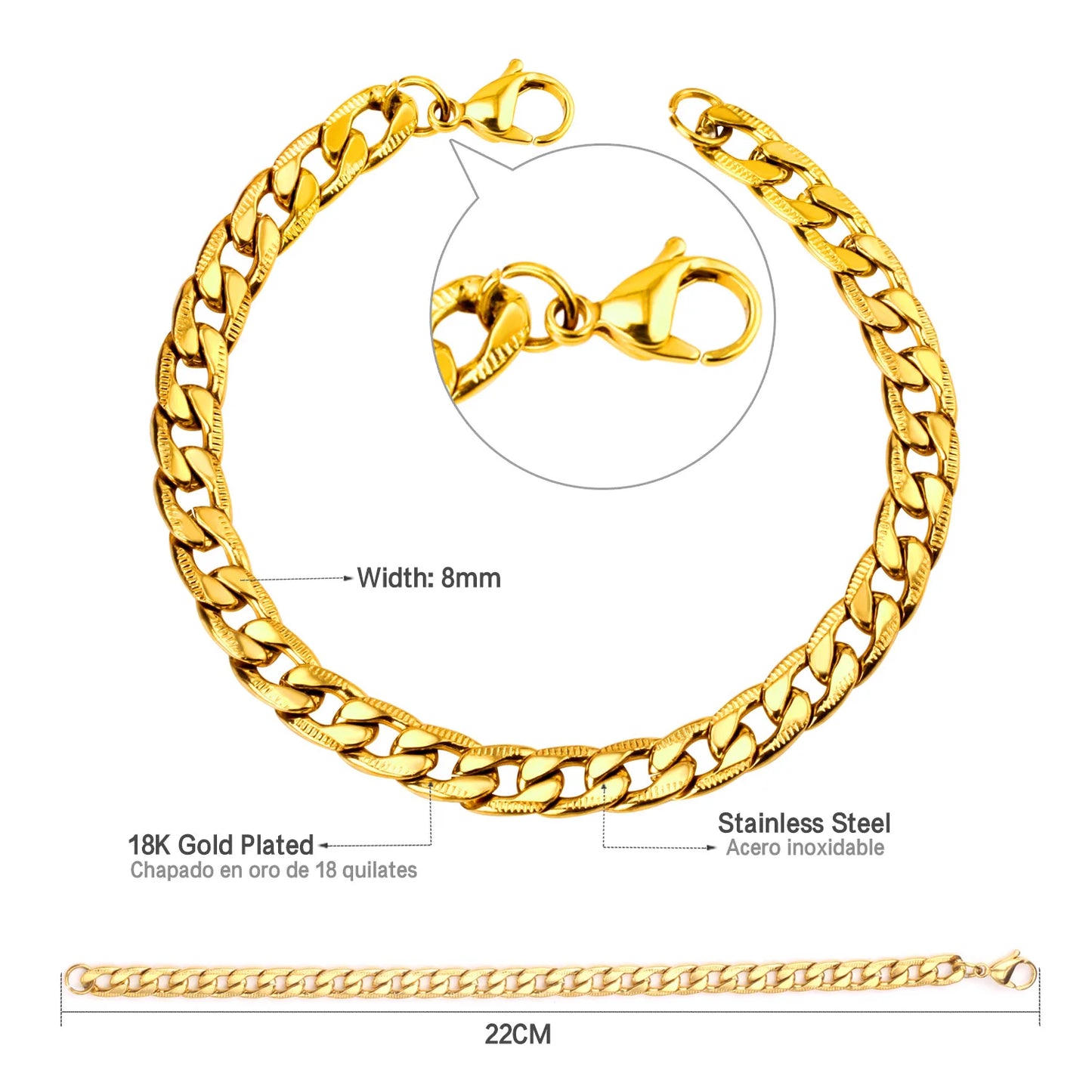 Cuban Chain Bracelet – Stainless Steel, Gold-Tone, Punk Style Jewelry for Men & Women