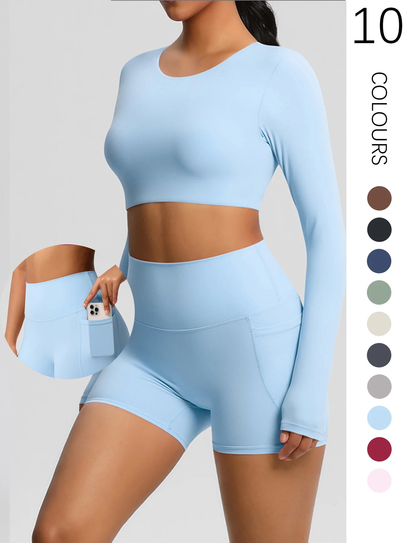 2-Piece Activewear Set — Long Sleeve Crop Top & High-Waist Yoga Shorts