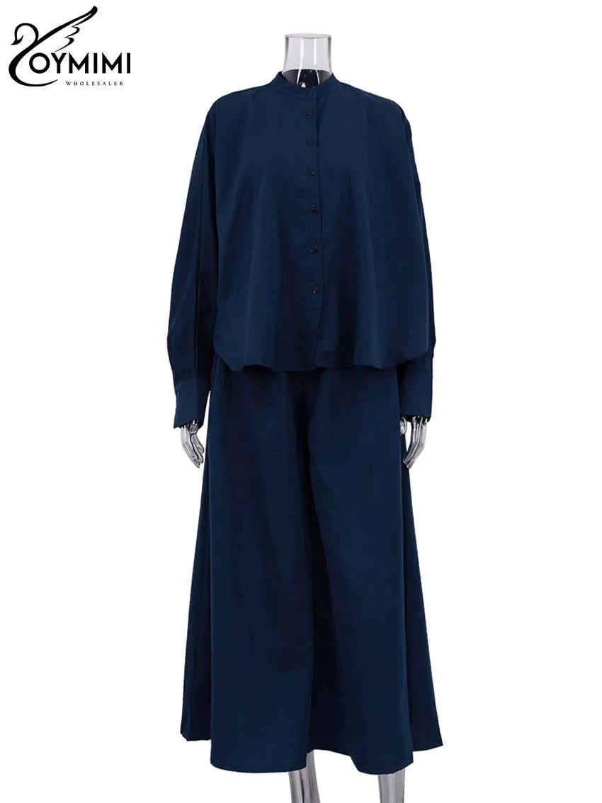 Black Two Piece Set – O-Neck Button Shirt & Loose Trousers