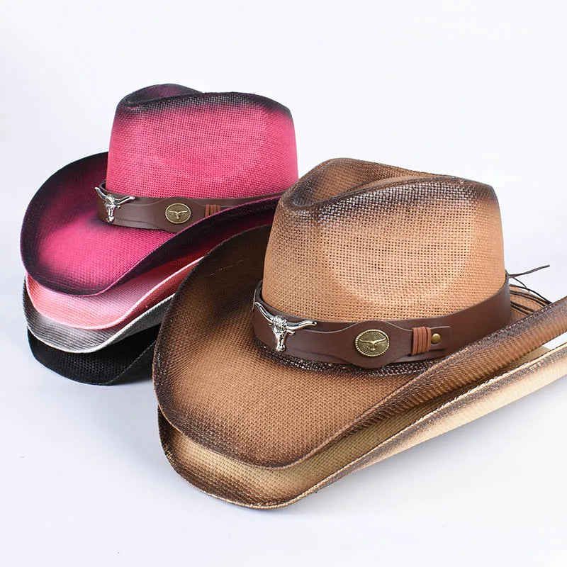 Vintage Pink Straw Cowboy Hat | Wide Brim Panama Style – Summer Beachwear