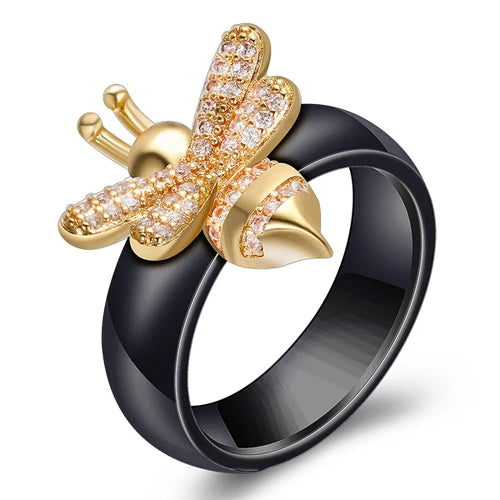 6mm Black & White Ceramic Ring – Crystal Inlay Wedding Band