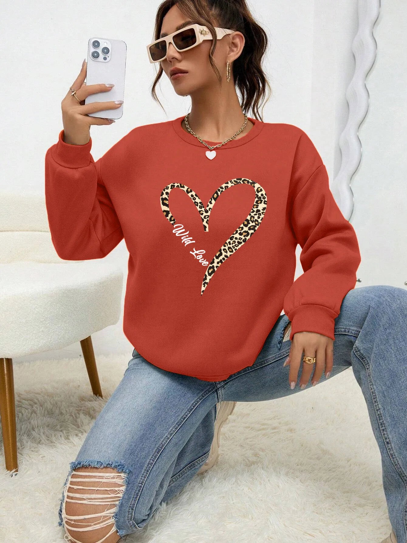 Leopard Heart Crewneck — Fur-Lined Sweatshirt, Urban Wild Print