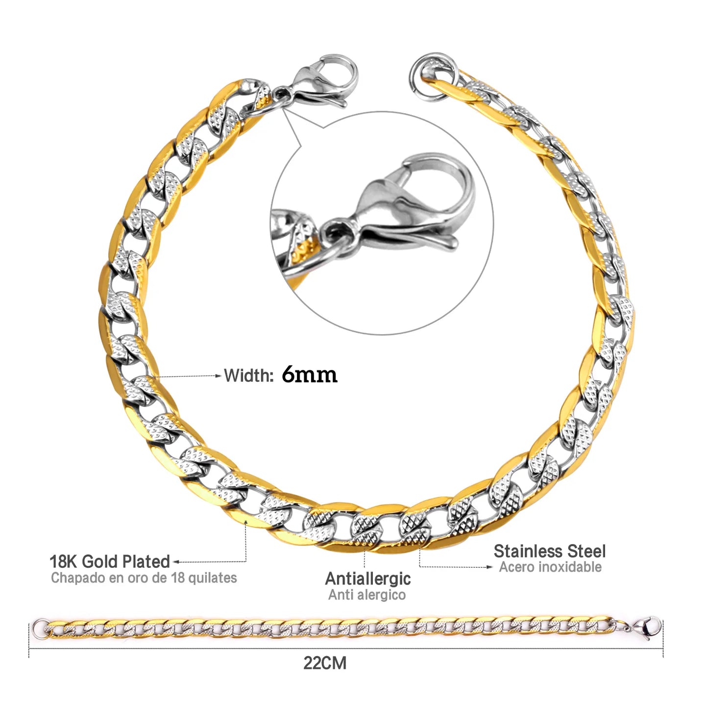 Cuban Chain Bracelet – Stainless Steel, Gold-Tone, Punk Style Jewelry for Men & Women