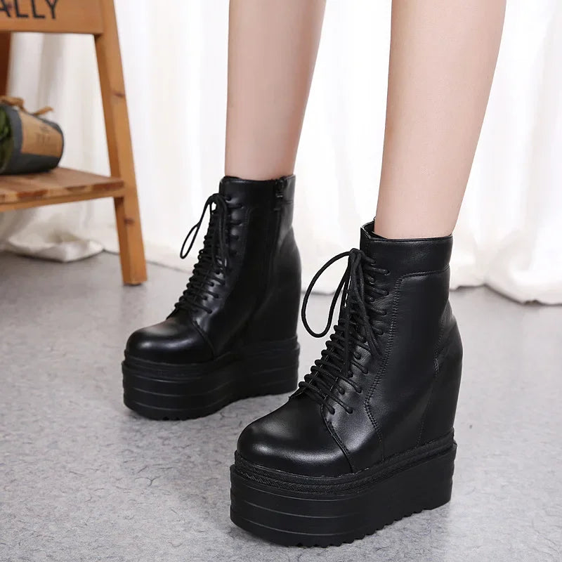 PunkRise | 14CM Wedge Ankle Boots – Black Rubber Sole Platform