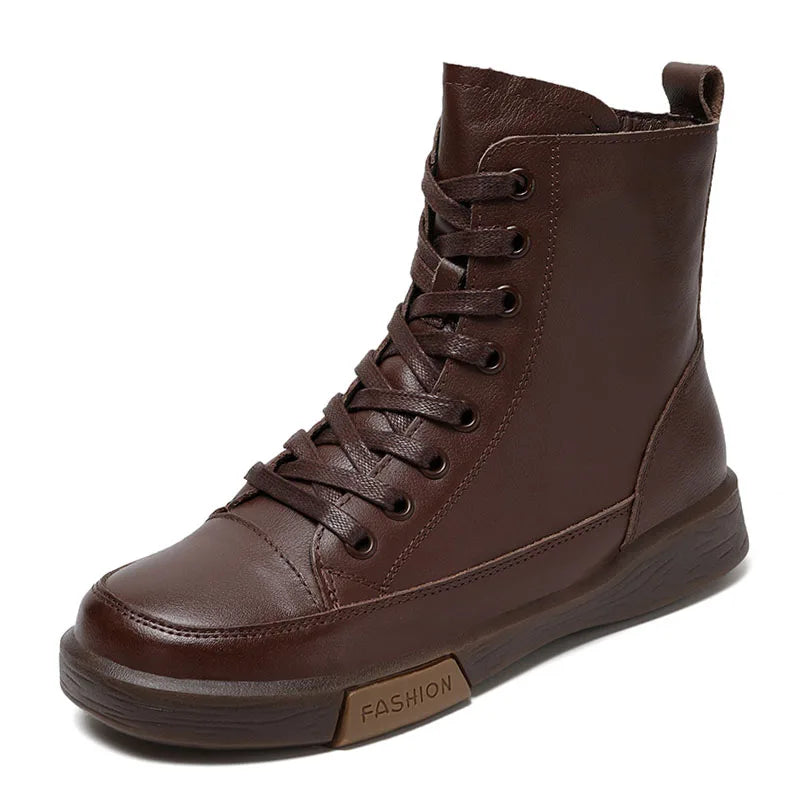 Drkanol | Genuine Leather Round Toe Short Boots – Retro Street Style