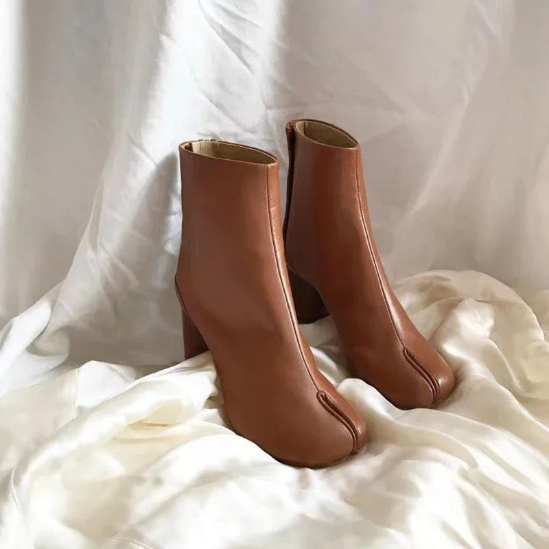 TabiEdge | Split Toe Chunky Heel Leather Boots – Autumn Comfort