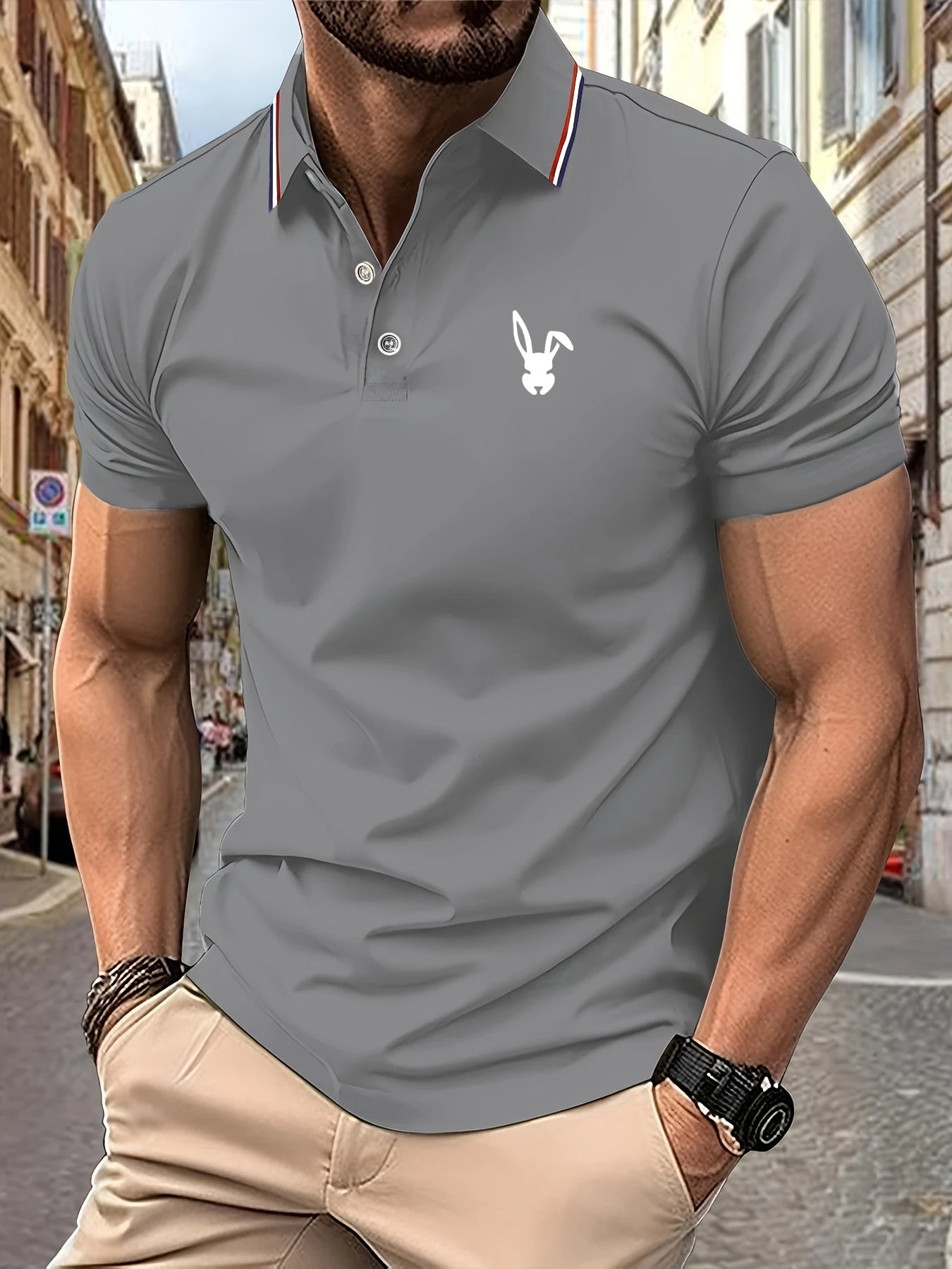 Signature Rabbit Logo Polo – Elegant Striped Lapel, Lightweight Fabric
