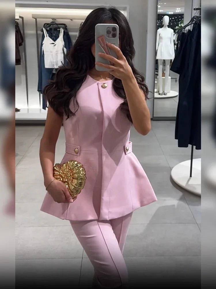 Chic Pink Vest Set – Sleeveless Top & High Waist Pants