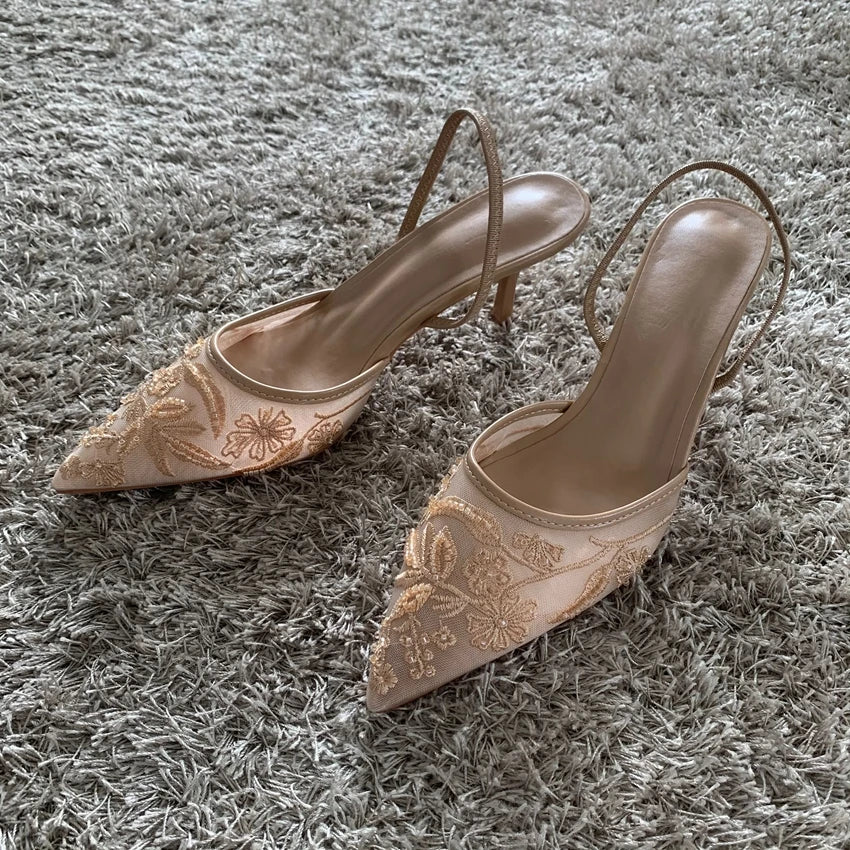 LaceGlow | Mesh Embroidered Heeled Mules – Beaded Pointed Toe Slingbacks