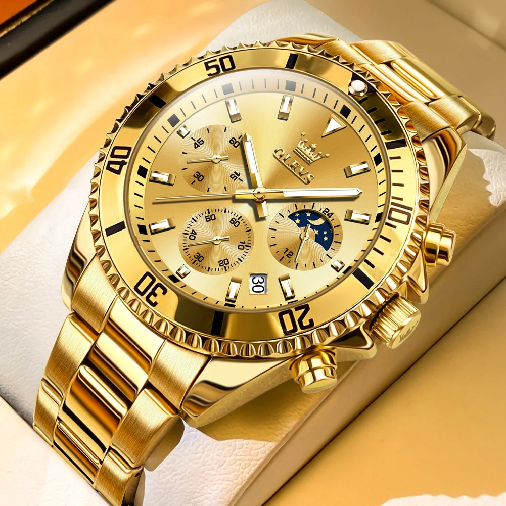 Golden Moon Phase Watch – Luxury Quartz, Waterproof, Elegant Chronograph