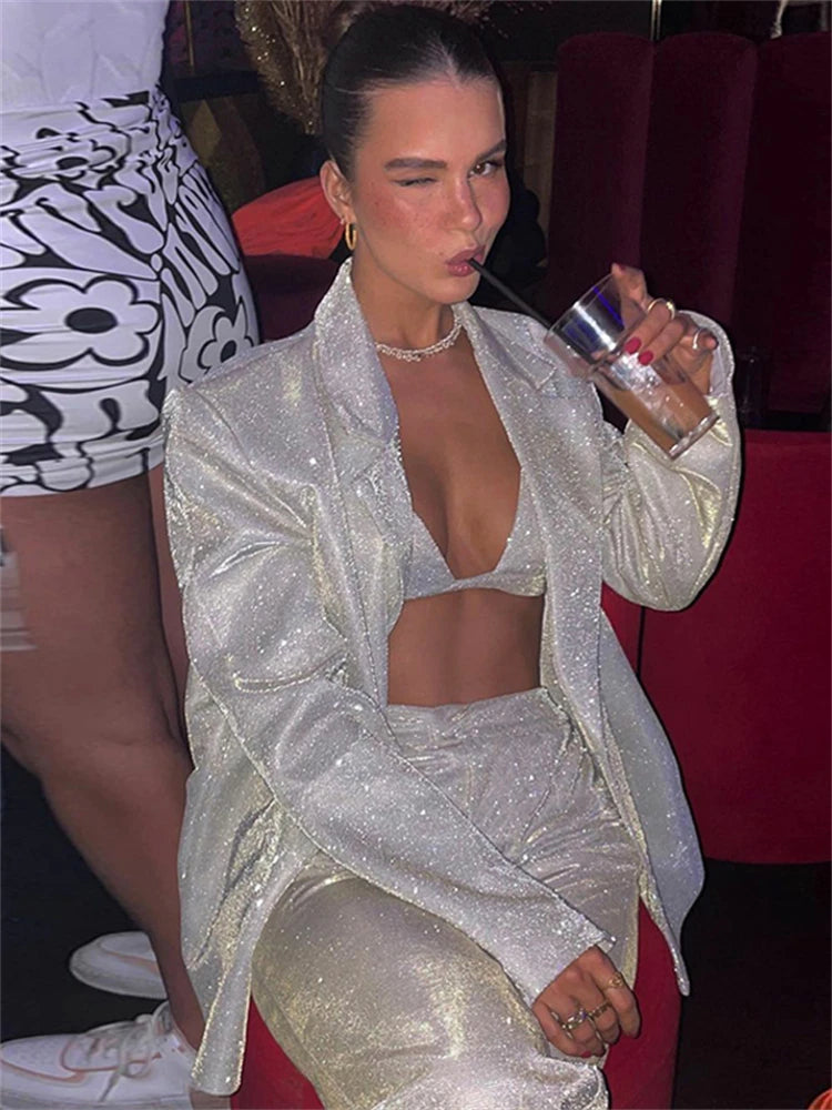 Sparkly Silver Blazer & Trousers Set