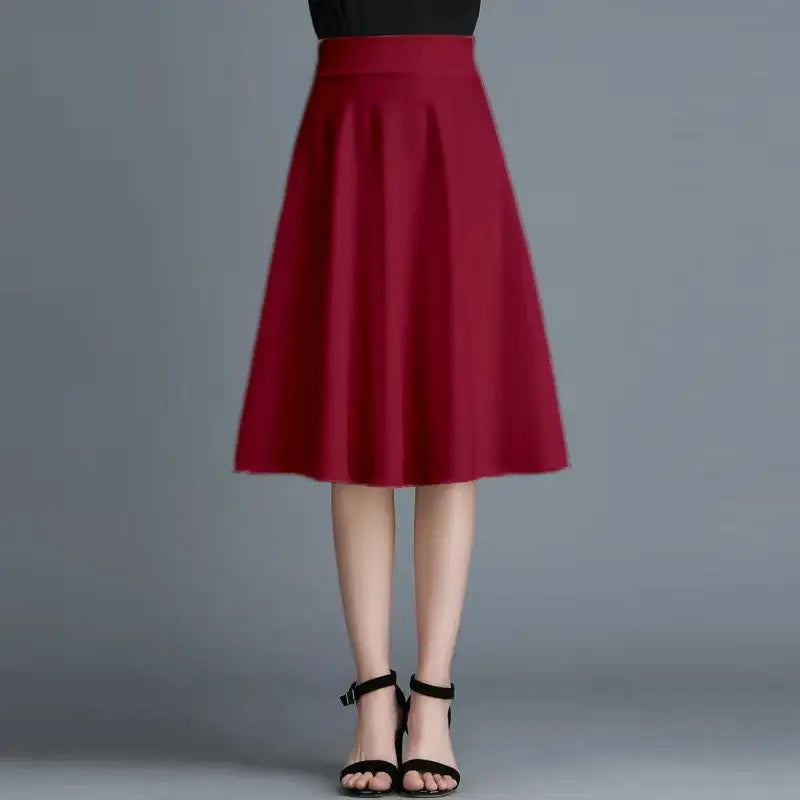 Solid Color Elastic A-Line Midi Skirt — Office Versatile