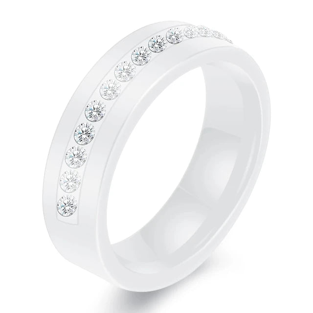 6mm Black & White Ceramic Ring – Crystal Inlay Wedding Band