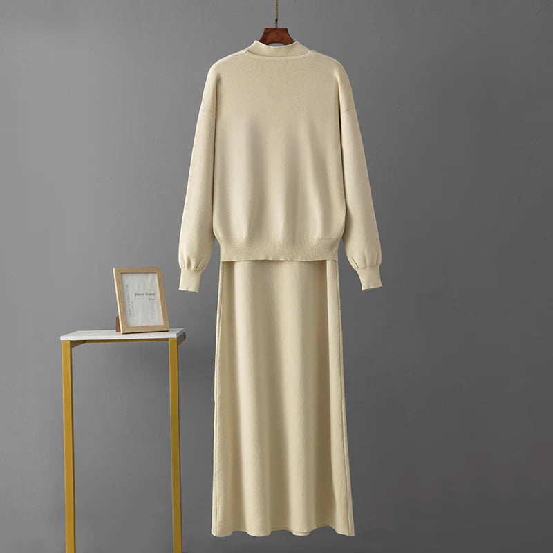 Knitted Dress Two Piece Set – Long Sleeve Sweater & Skirt
